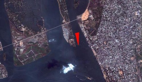Red triangle shows the location of the new marina as identical to the current anchorage &copy; SW